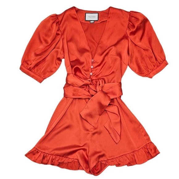 Alexis V-Neck Orange Frill Cuff Romper Wrap Around TIe Waist Puff Sleeve  Size S - Picture 1 of 9